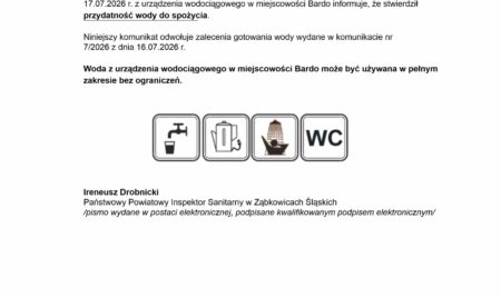 Komunikat PPIS w Ząbkowicach Śl. dot. przydatności wody do spożycia w Bardzie